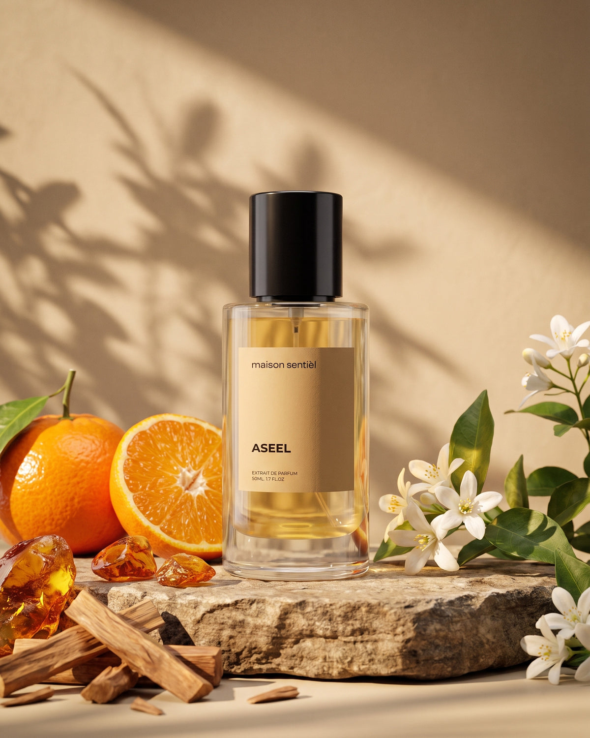 Aseel Extrait de Parfum von maison sentièl mit Orangen, weißen Blüten und Holz