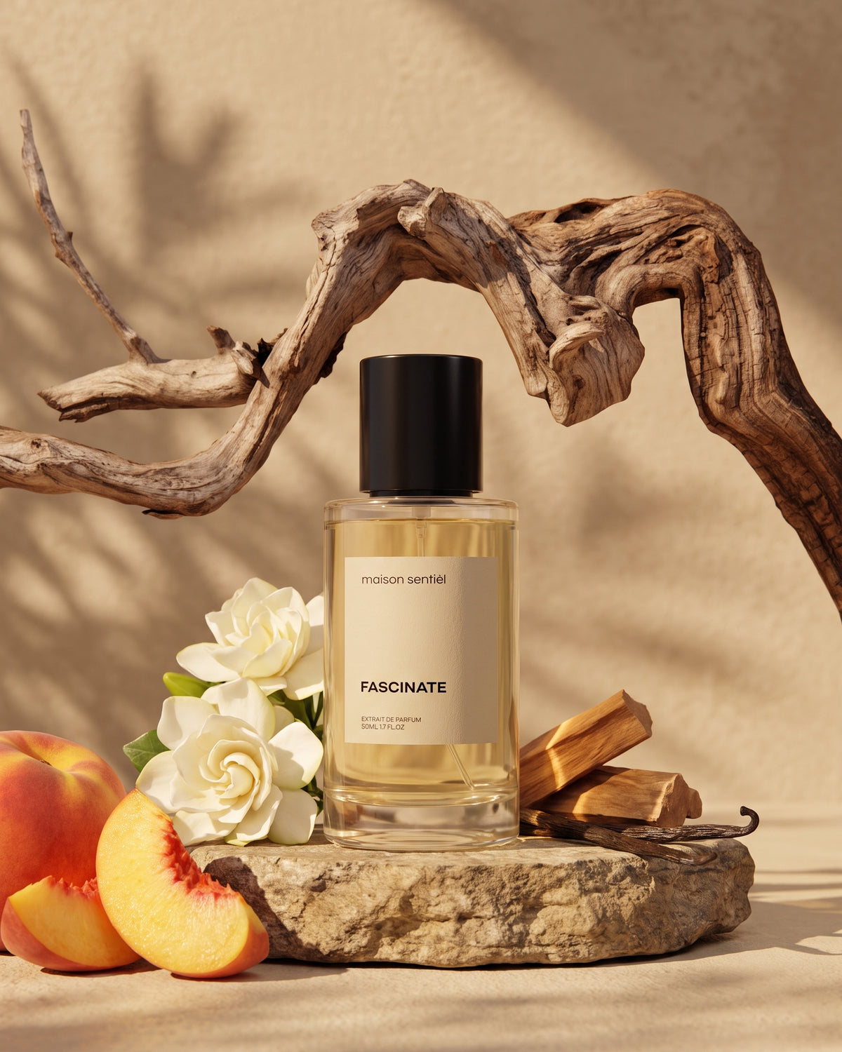 Fascinate Extrait de Parfum von maison sentièl mit Pfirsich und weißen Blüten auf einem Stein