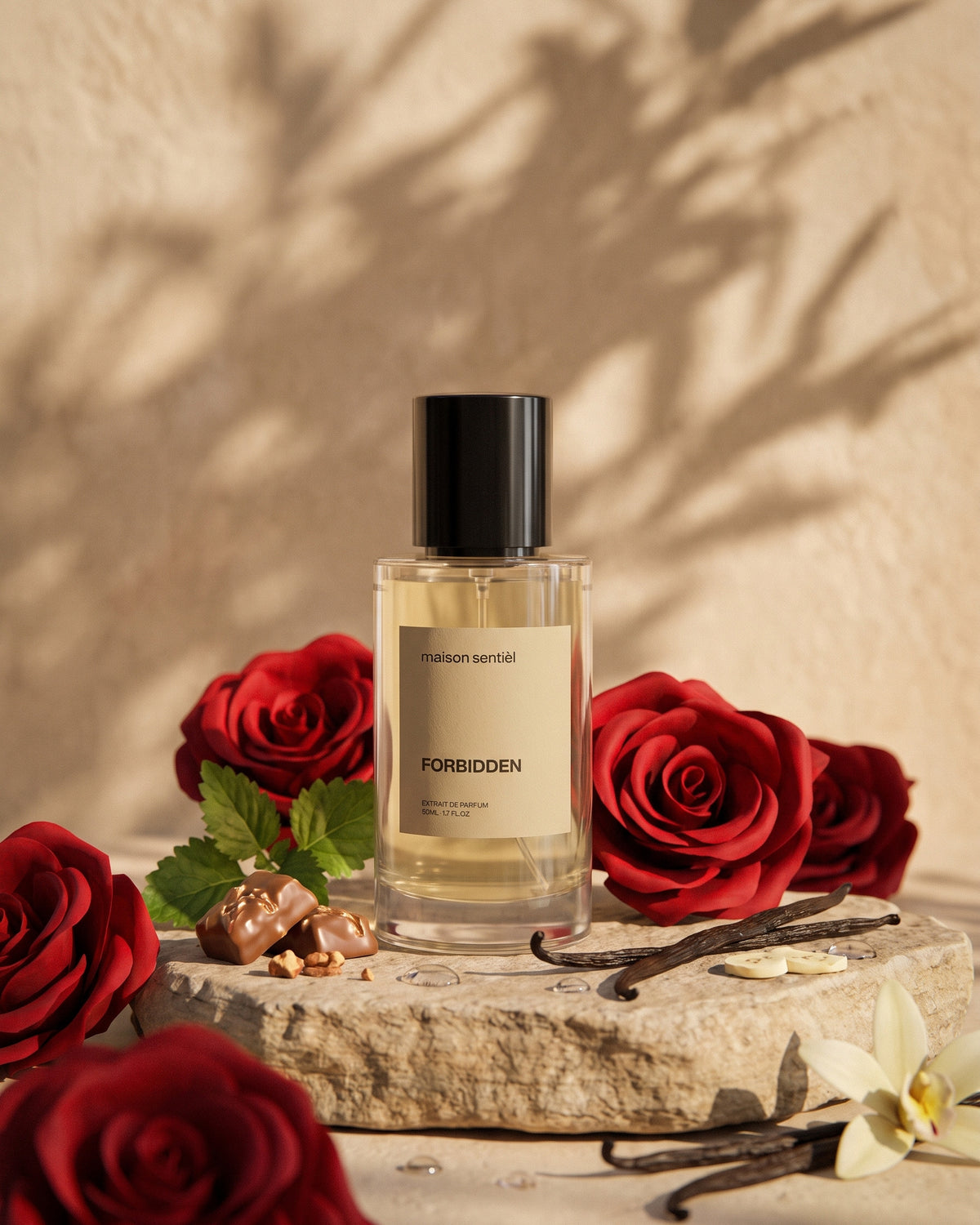 Forbidden Extrait de Parfum von maison sentièl mit roten Rosen auf einem Stein