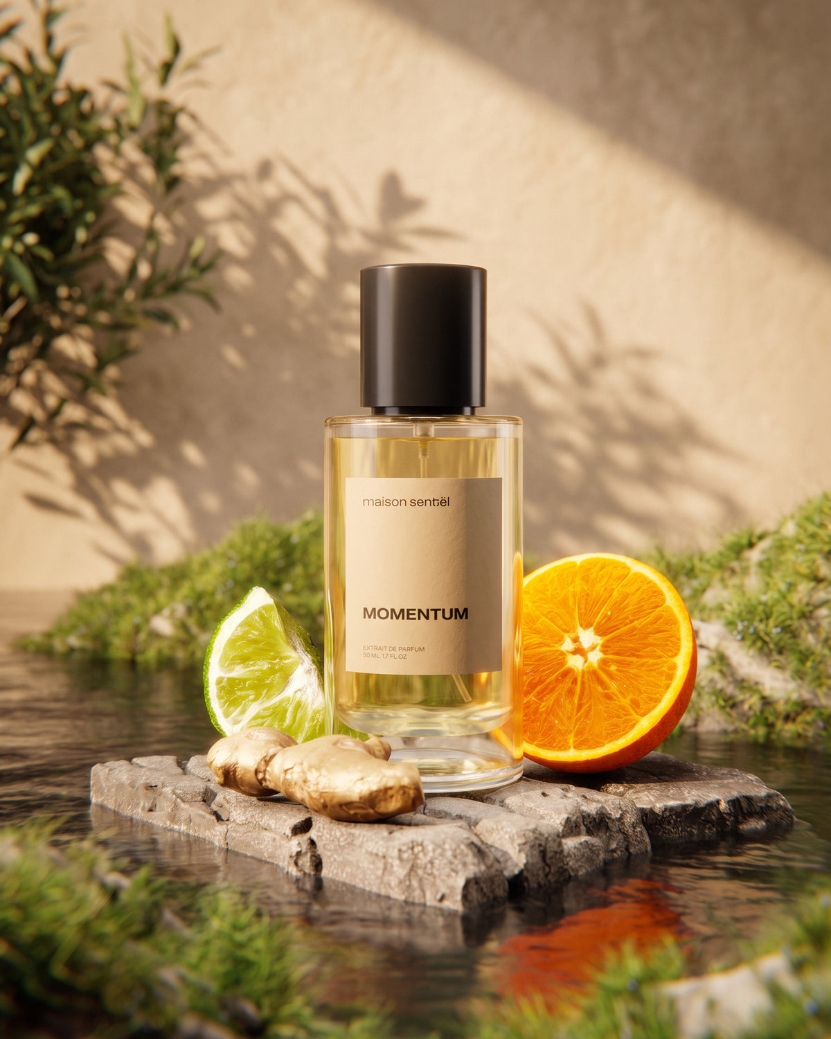 Momentum Extrait de Parfum von maison sentièl mit Orange und Limette auf einem Stein