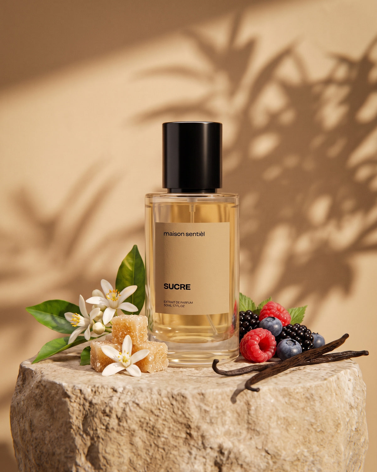 Sucre Extrait de Parfum von maison sentièl mit roten Beeren, weißen Blüten und Vanille